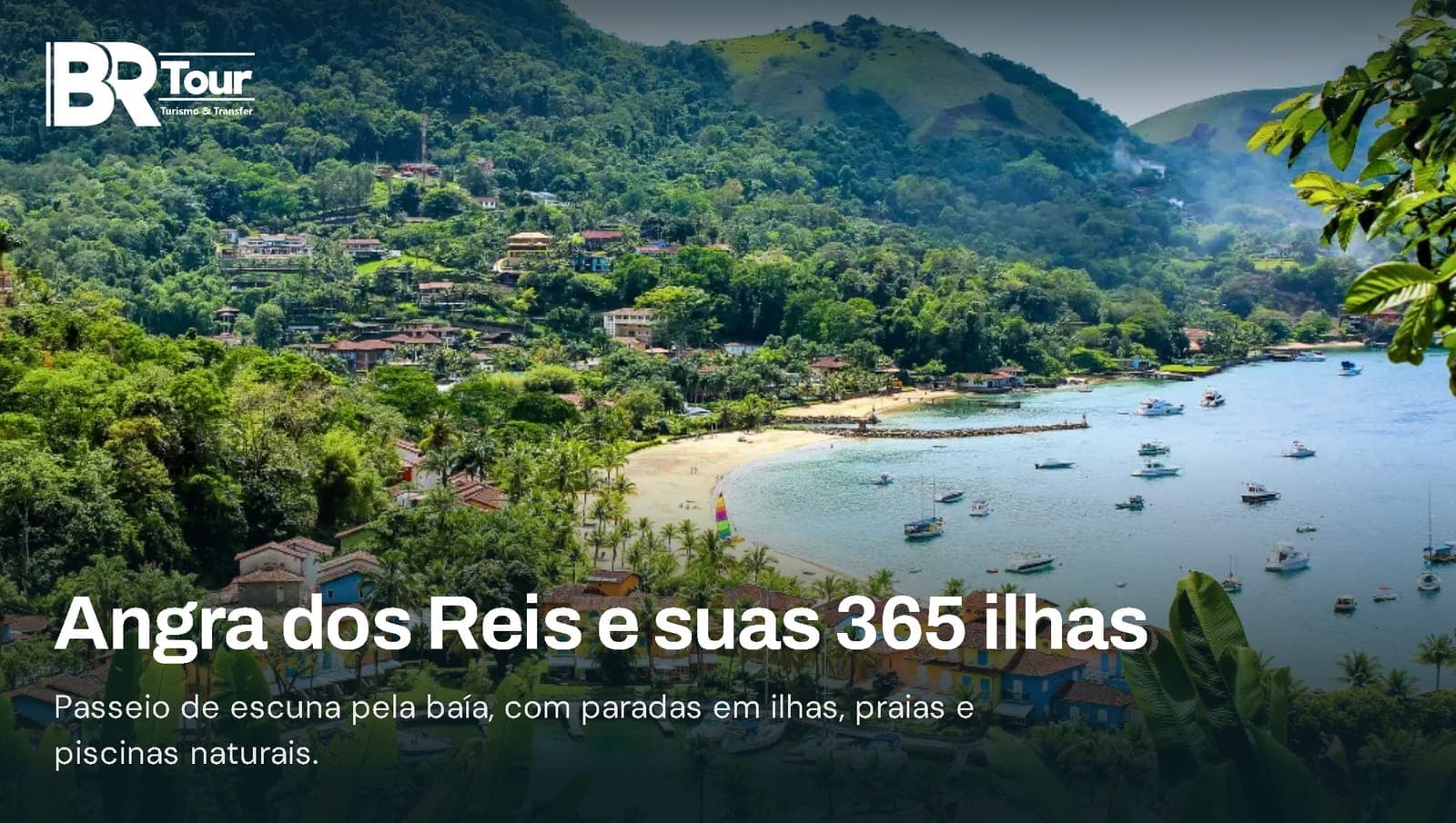 Colagem com a Costa Verde, Ilha Grande, a Lagoa Azul e o cais de embarque em Angra dos Reis